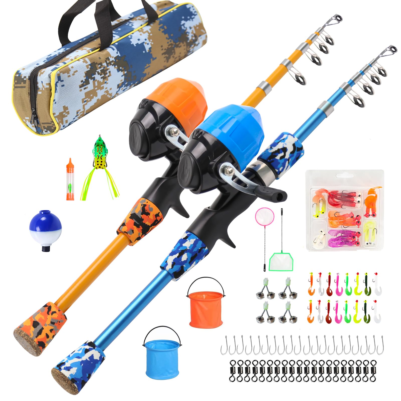 Kid Fishing Pole Set Portable Telescopic Fishing Rod and Reel Combo with Fishing Tackle Box Fishing Bucket and Fishing Net Fishing Gift for Boys Girls Youth Age Beginners