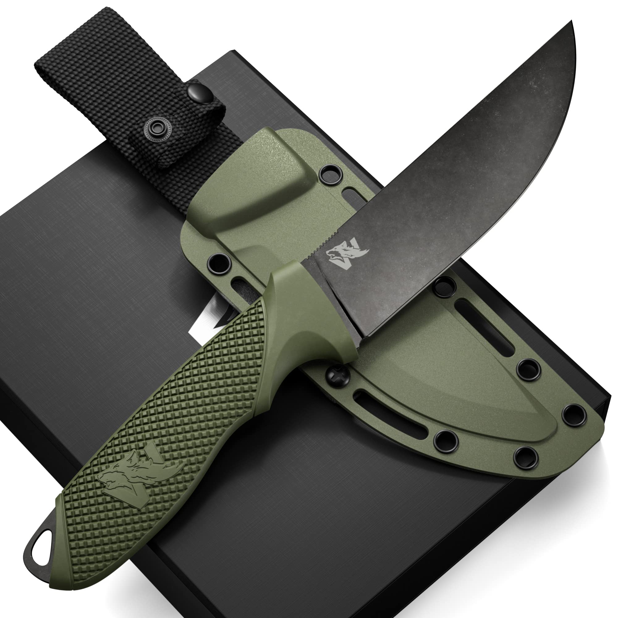 Cuchillo de Supervivencia ODENWOLF W-FLAT de Hoja Fija y Mango Completo con Funda - Cuchillo Táctico Elegante - Fabricado en Acero D2 - Cuchillo de Bushcraft y Camping para Supervivencia - Cuchillo de Caza EDC Perfecto con Mango de TPE
